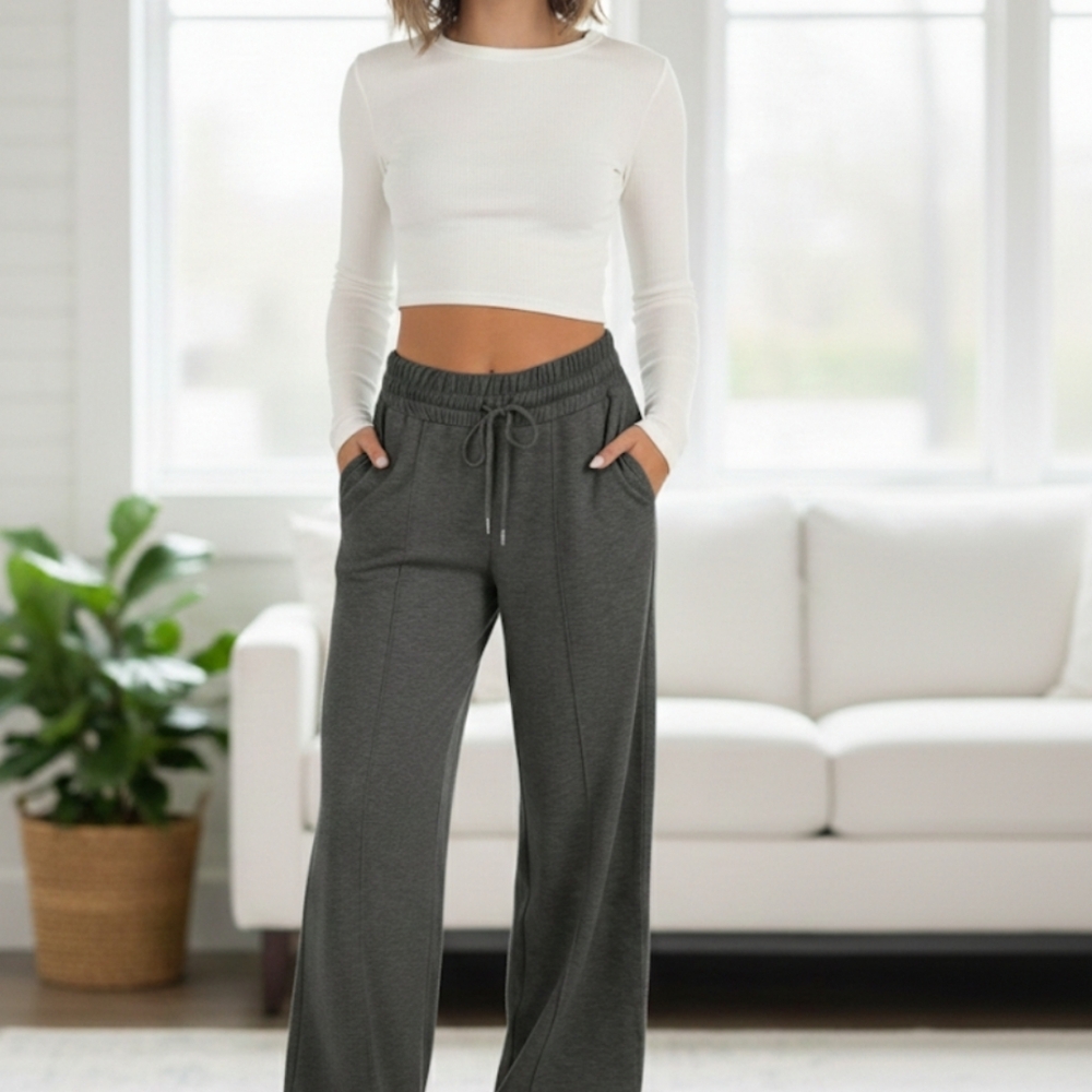 Women's Gray Wide-Leg Drawstring Pants - Picture 2 of 8